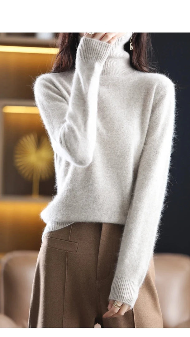 Autumn And Winter New 100% Mink Cashmere Sweater 2023 Women's High Neck Knitted Pullover Loose Korean Fashion Warm Women's Top  Amaijoin