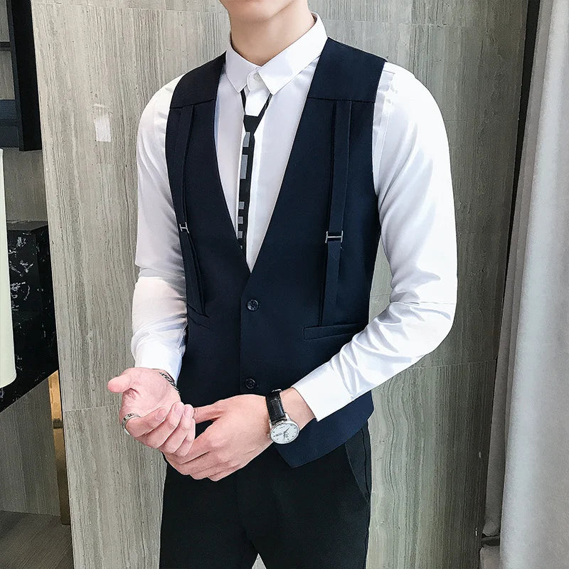 Brand Strap Decorative Vest Men Casual Sleeveless Vests Slim Fit Prom Party Disco Waiter Nightclub Dress Vest Tuxedo Gilet Homme  Amaijoin