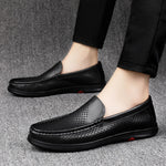 Carregue a imagem no visualizador da Galeria, 2023 Men Black Hollowed Out Leather Shoes Brand Summer Genuine Leather Mens Loafers Moccasins  Breathable Slip on Driving Shoes  Amaijoin
