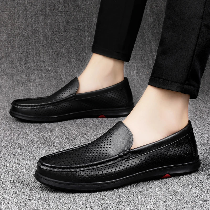 2023 Men Black Hollowed Out Leather Shoes Brand Summer Genuine Leather Mens Loafers Moccasins  Breathable Slip on Driving Shoes  Amaijoin