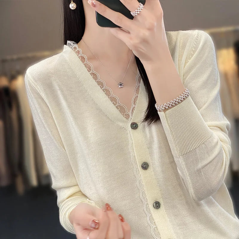 2023 Spring and Summer Cashmere Cardigans Women  V-neck Knitted Sweater Fashion Knitwear Solid Cashmere Cardigans Women's  Amaijoin