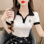 Carregue a imagem no visualizador da Galeria, White Short Sleeve Tee Black Women&#39;s T Shirts Crop Top Clothes Polo Neck Shirt New Luxury V Aesthetic Sale Y2k Fashion Trend  Amaijoin
