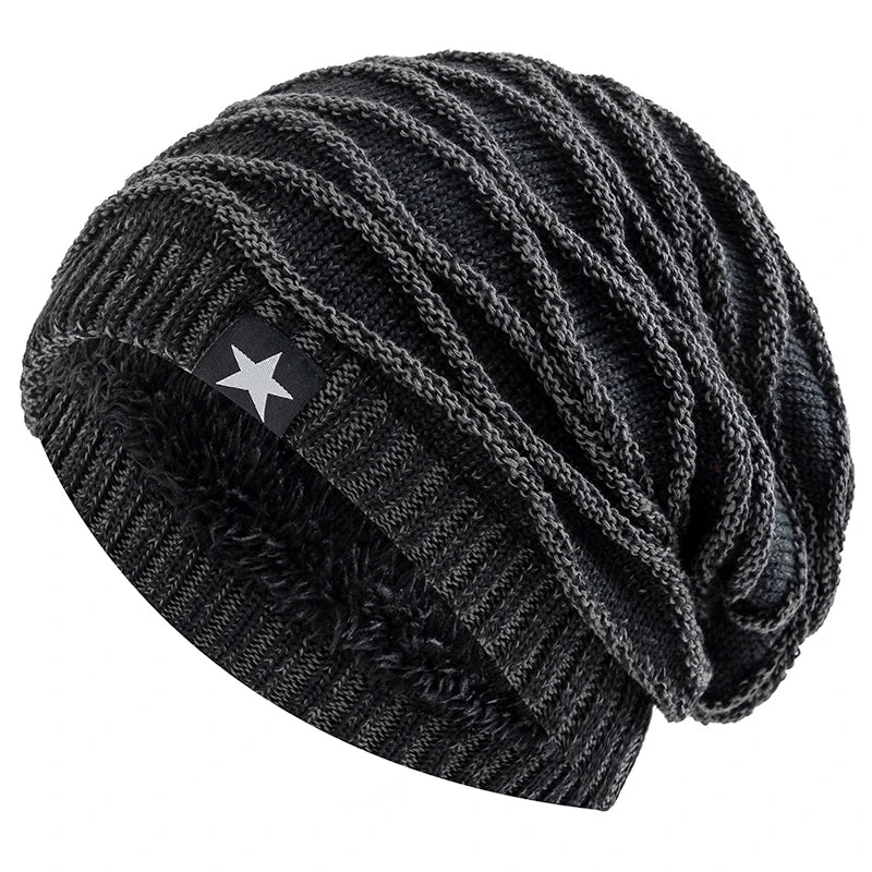 New Unisex Slouchy Winter Hats Add Fur Lined Men And Women Warm Beanie Cap Casual Five-pointed Star Decor Winter Knitted Hats  Amaijoin