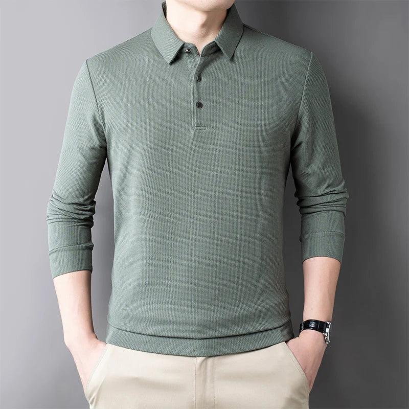 Men's Casual Waffle Polo T-shirt Breathable Comfortable Fashion Long Sleeve T-shirt  Amaijoin