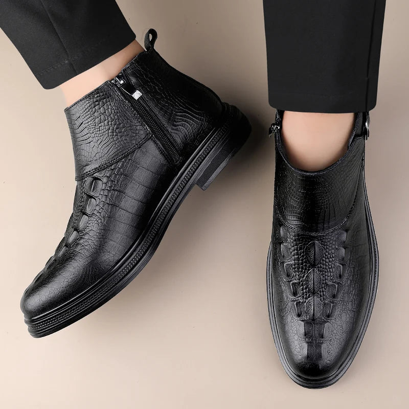 Men's Shoes Crocodile Pattern Low Top Male Shoes Genuine Leather Mens Slip on Ankle Boots 2023 Stylish Classic Motorcycle Boots  Amaijoin