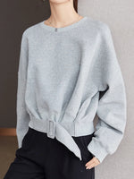 Carregue a imagem no visualizador da Galeria, Stylish Grey Sweatshirts Autumn Winter Women Plain Long Sleeve Belt Waist Loose Casual Oversize Pullovers Korean Short Jumper  Amaijoin
