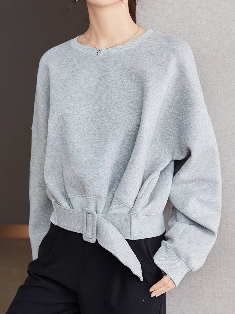 Stylish Grey Sweatshirts Autumn Winter Women Plain Long Sleeve Belt Waist Loose Casual Oversize Pullovers Korean Short Jumper  Amaijoin