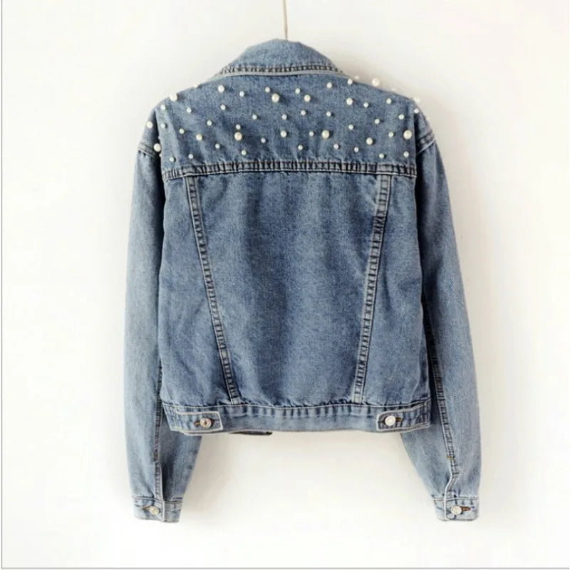 2024 Women's Short Denim Jacket Beaded Pearl Jacket Loose Spring and Autumn New Denim Jacket  Amaijoin