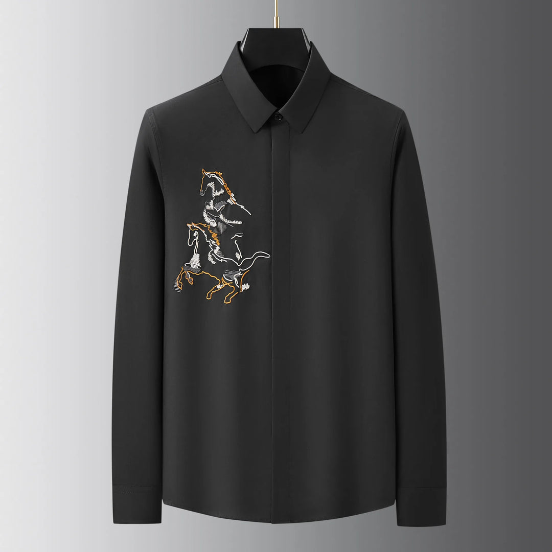 Luxury Horse Embroidered Shirt for Men Long Sleeved Slim Fit Casual Shirt High Quality Business Social Banquets Dress Shirts  Amaijoin