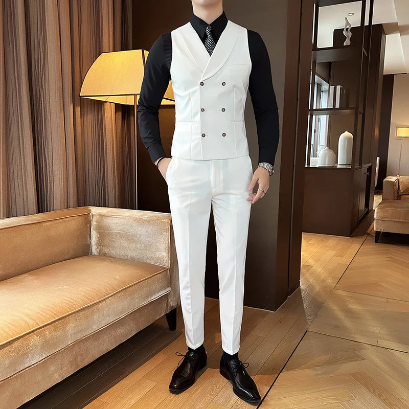 High Quality Double-Breasted Solid Mens Vest Coat Korean Style Business Slim Fit Male Waistcoat Groom Wedding Dress Suit Vests  Amaijoin