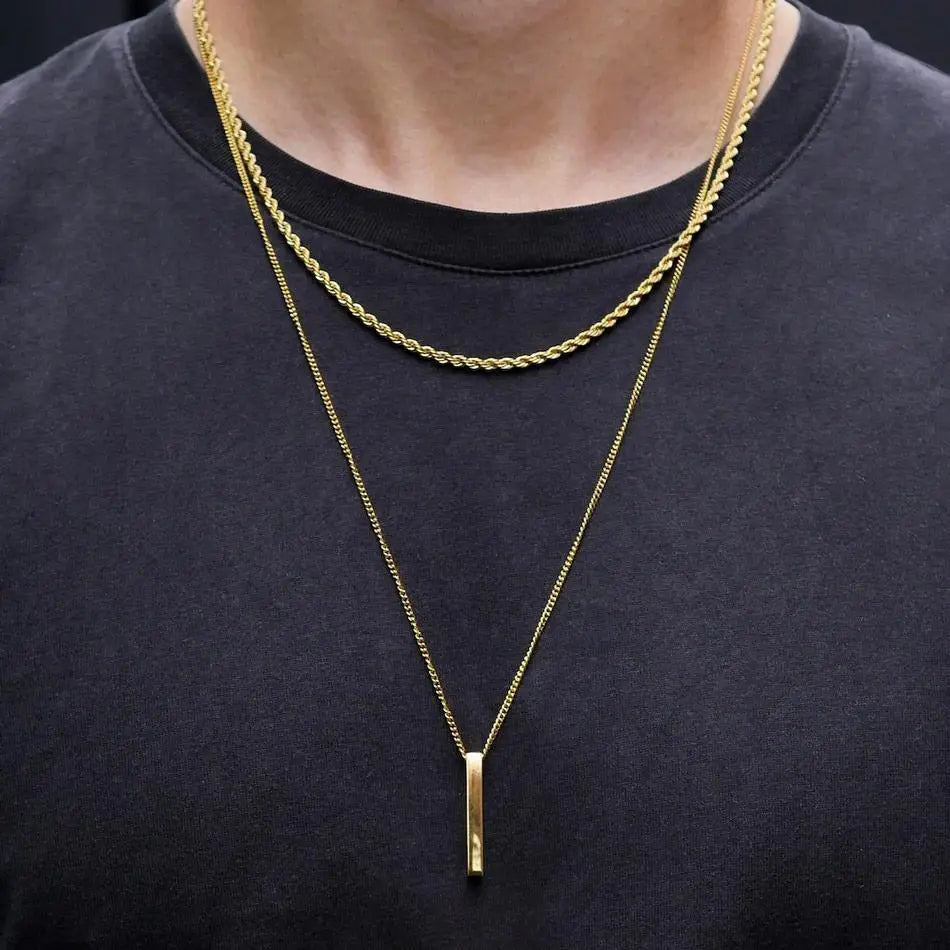 Vnox 3D Vertical Bar Necklaces for Men, Layering Stainless Steel Geometric Pendant, Layered Wheat Rope Cuban Chain, Boy Collar  Amaijoin