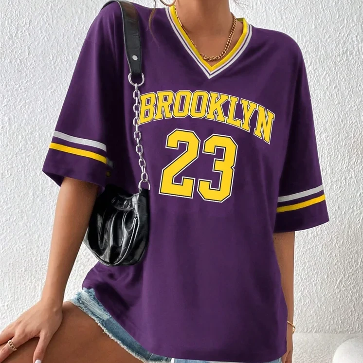 Brooklyn Number 23 T-Shirt For Men Women Summer Oversized V-neck Tee Harajuku Trend Short Sleeve Female Streetwear Tops Unisex  Amaijoin