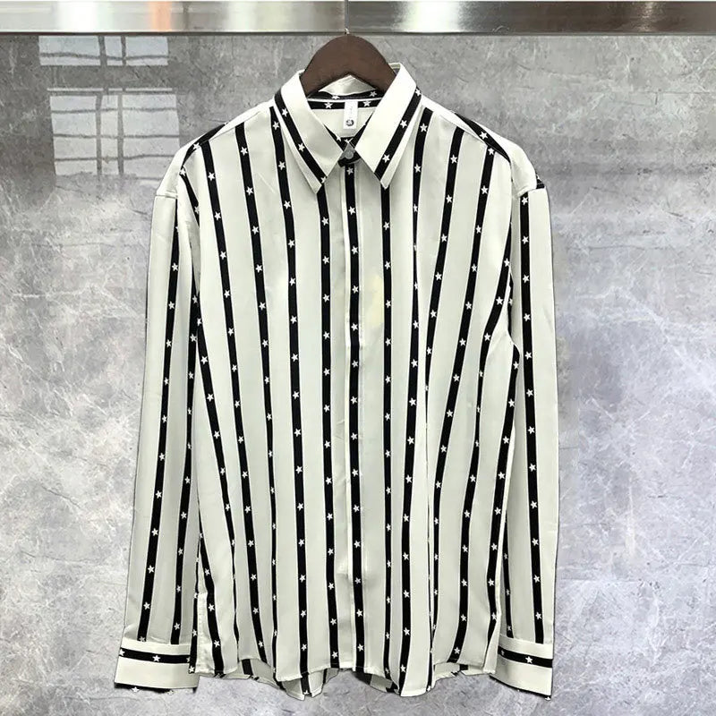 2023 Trend Men Office Button Down Long Sleeve Shirt Stripe Color Contrast Shirt Social Business Shirt Men British Slim Shirt  Amaijoin