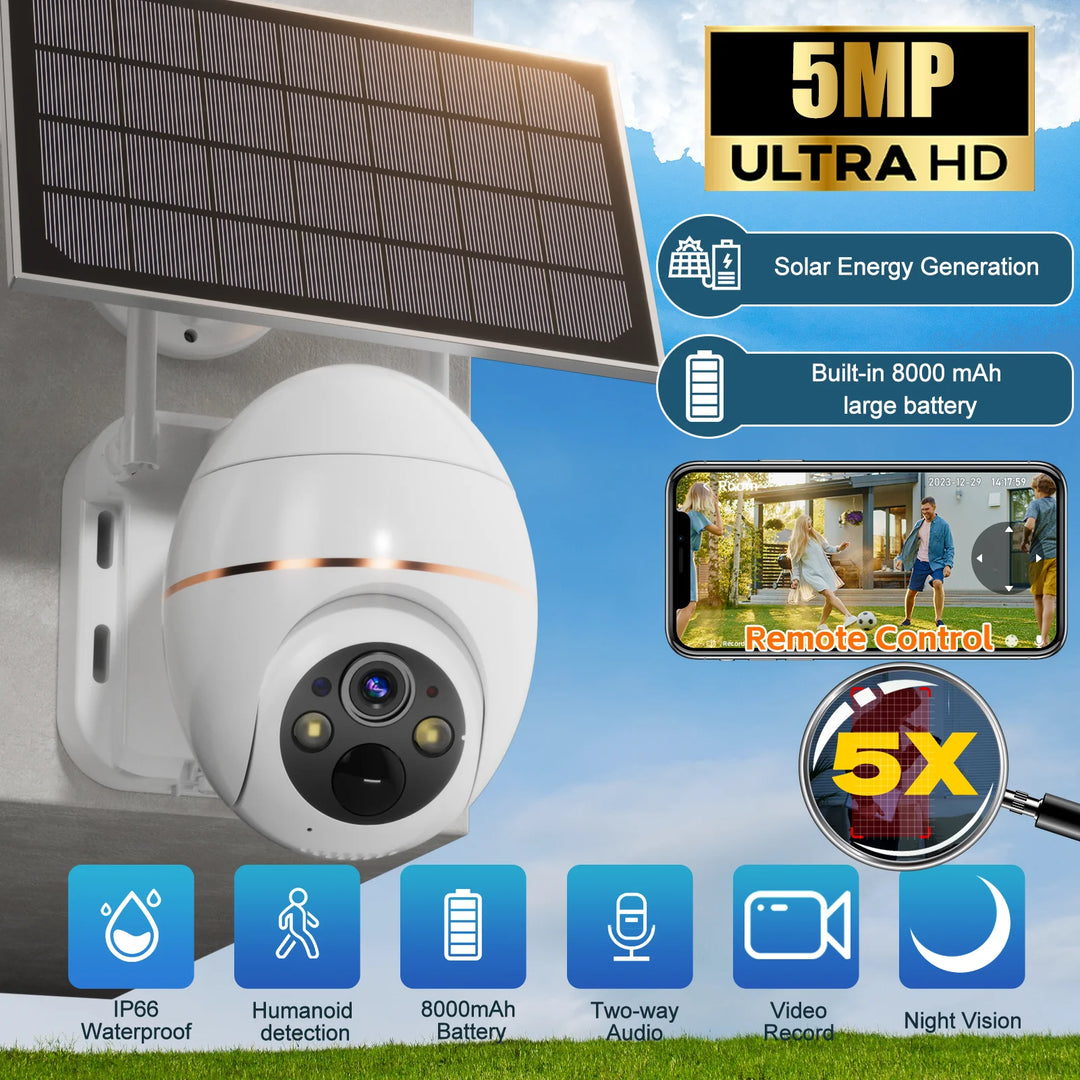 5MP Solar WIFI Camera 8000mAh Battery PTZ Surveillance IP Cameras Wireless PIR Human Tracking CCTV HD Outdoor Waterproof 5X Zoom  Amaijoin