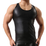 Carregue a imagem no visualizador da Galeria, Men Sexy PU Leather Tank Top Sleeveless Erotic Shaping Sheath Stretch Shirts Soft Latex Bodycon Patent Leather T-shirt Club Vest  Amaijoin
