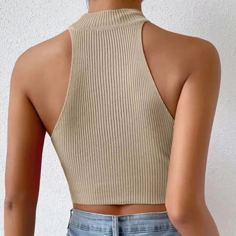 Knit Sleeveless Halter Tops for Women Basics Solid Slim Fitted Crop Womens Turtleneck Ribbed Vest Y2K High Neck Tank Tops  Amaijoin