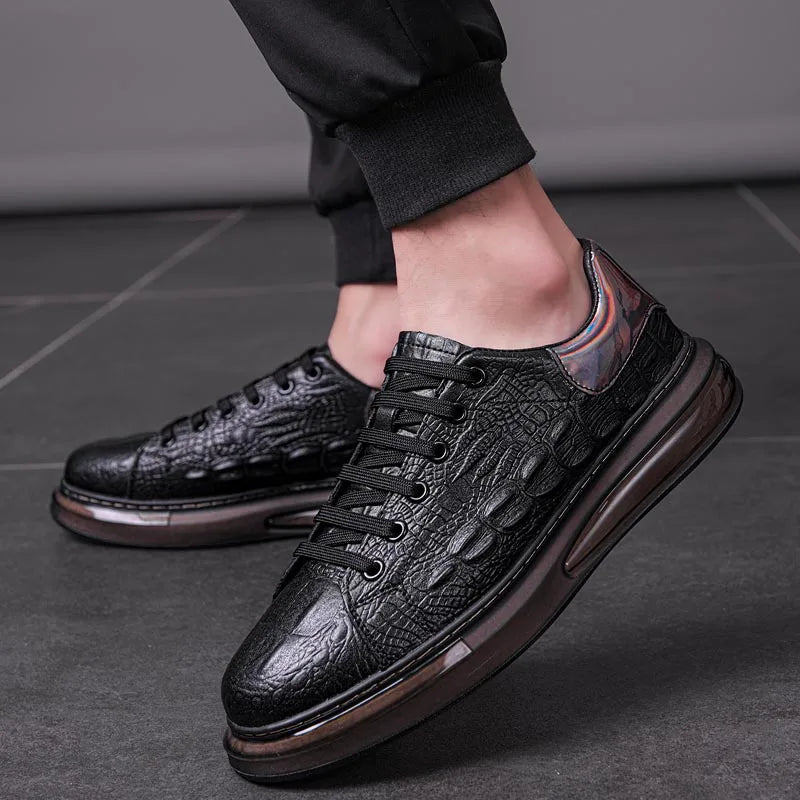 Spring Crocodile Pattern Thick Soled Men Sneakers Leather Casual Oxford Shoes Fashion Leather Low Top Lace-Up Brand Casual Shoes  Amaijoin