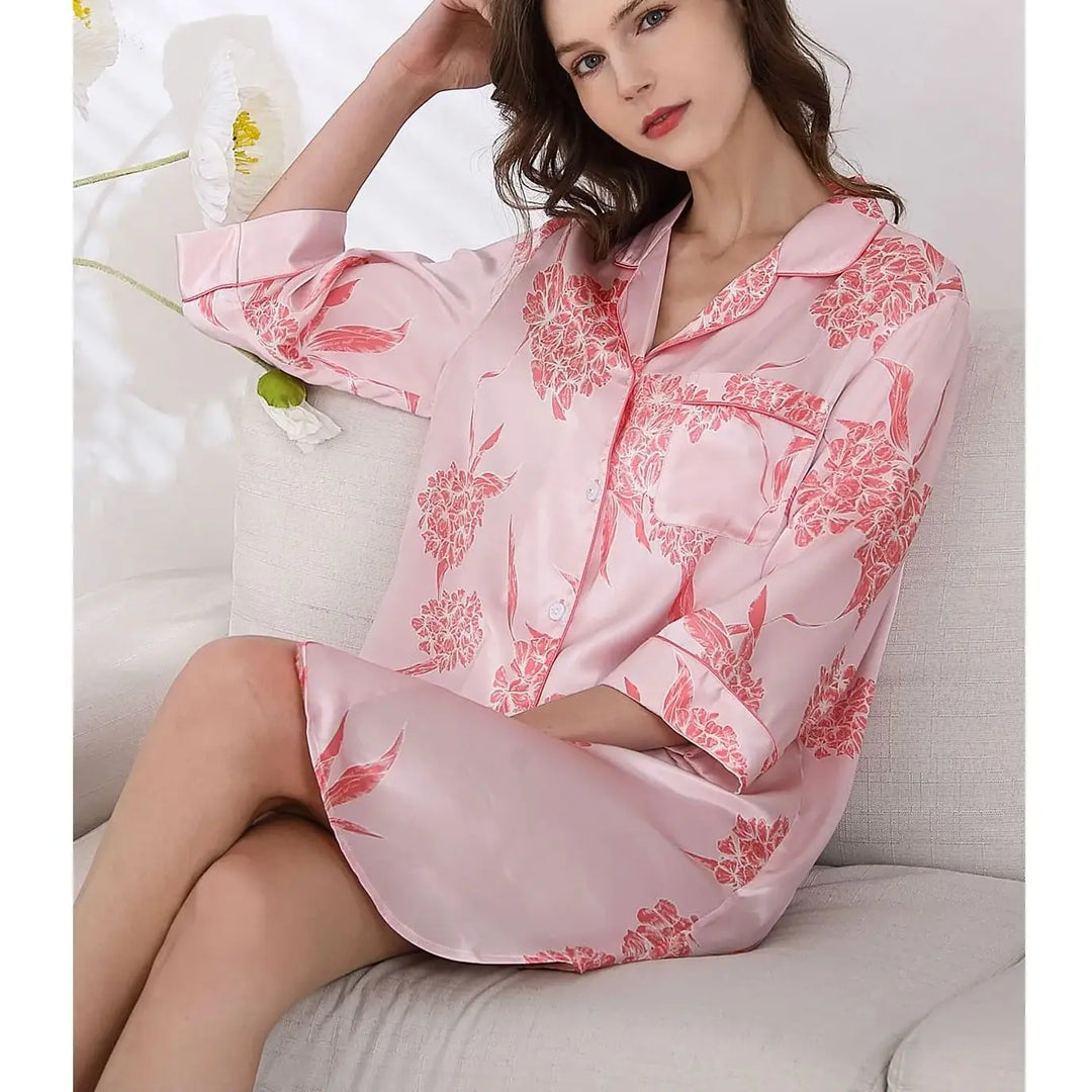 BirdTree, 19MM 100%Real Silk Pajamas Dress, Women Floral Print, Sexy Retro Loose Sleepwear, 2024 Summer New Nightgown P43997QM  Amaijoin