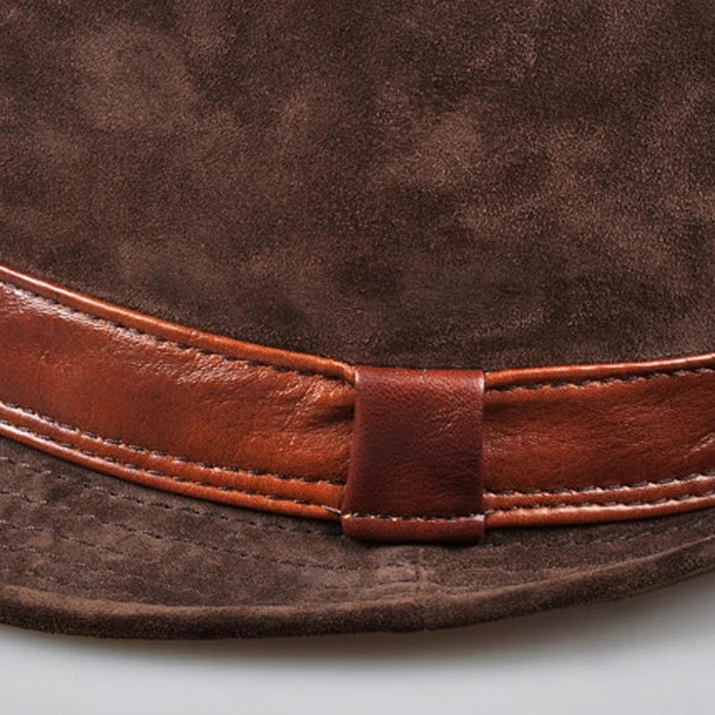 Men Genuine Leather Suede Cow Skin Nubuck Brown Fedoras Hats Women Gentleman Male Jazz Hip Pop Caps 56-60cm Fitted Hat  Amaijoin