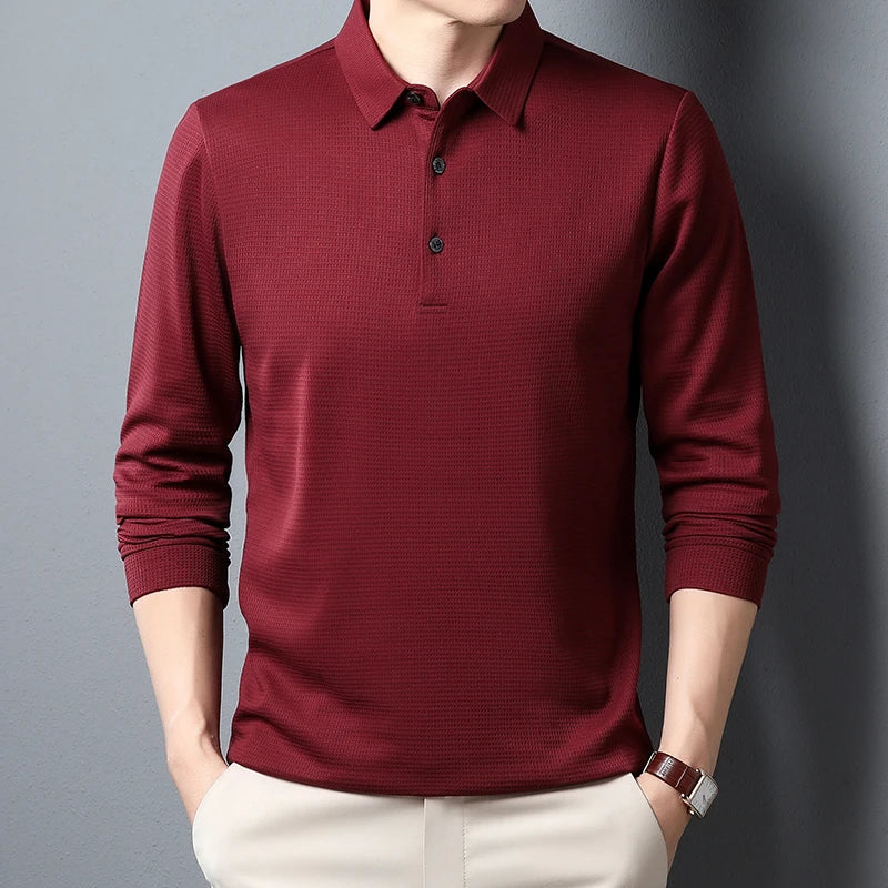 Men's Business Casual Polo Long Sleeve T-shirt Summer Comfortable  Solid Cotton Top  Amaijoin