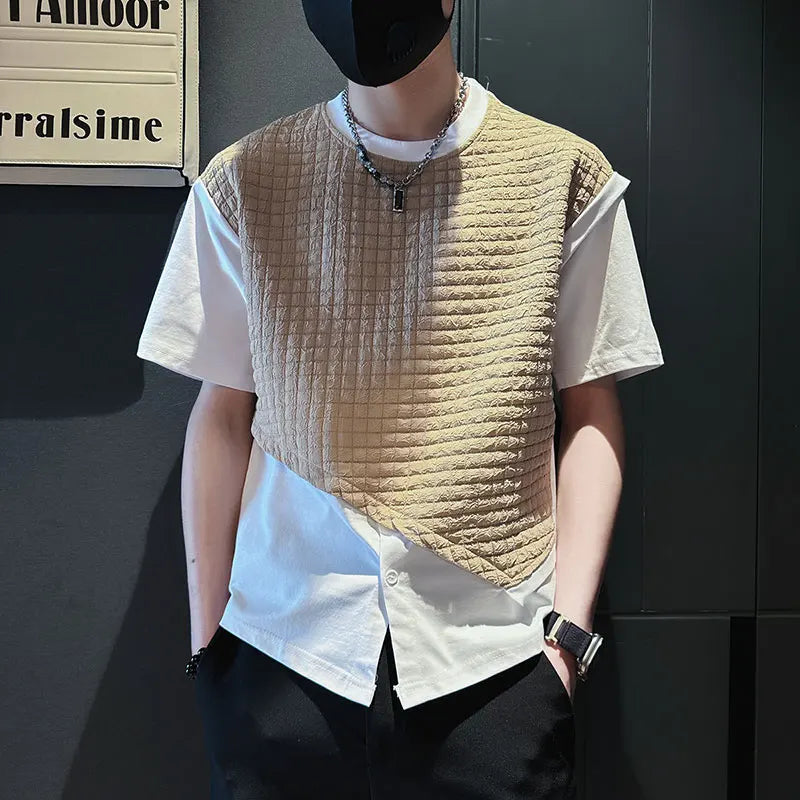 Korean Version Fake 2 Piece T-shirt for Men Summer Short Sleeve Casual T Shirt Fashion Social Streetwear Round Necked Tee Tops  Amaijoin