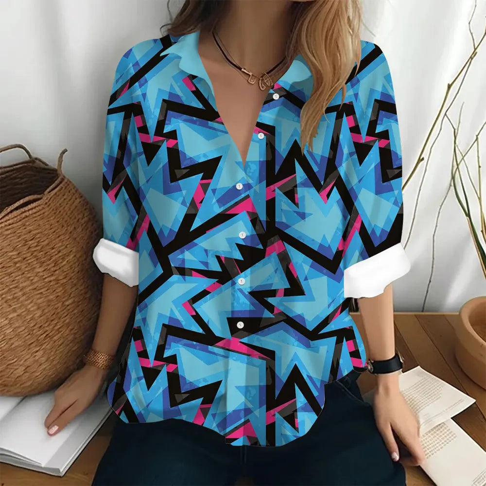 Autumn Women's Shirt Polo Collar Long Sleeve T-shirt Fashion Print Top Fashion Party Trend Women's Shirt Button Casual T-shirt  Amaijoin