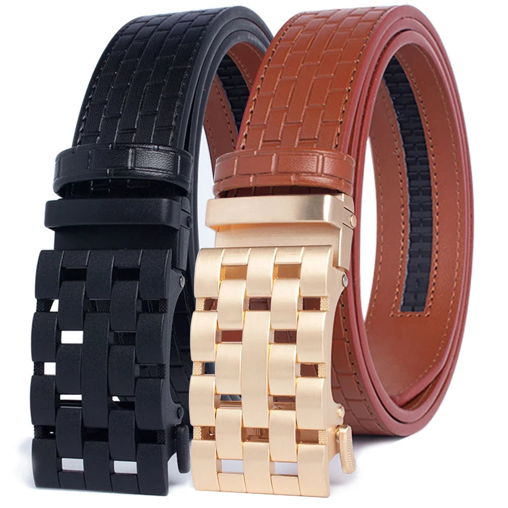 2023 Men Belt Metal Luxury Brand Automatic Buckle Plaid Genuine Leather Belts for Men Waist Strap Black Male  Amaijoin