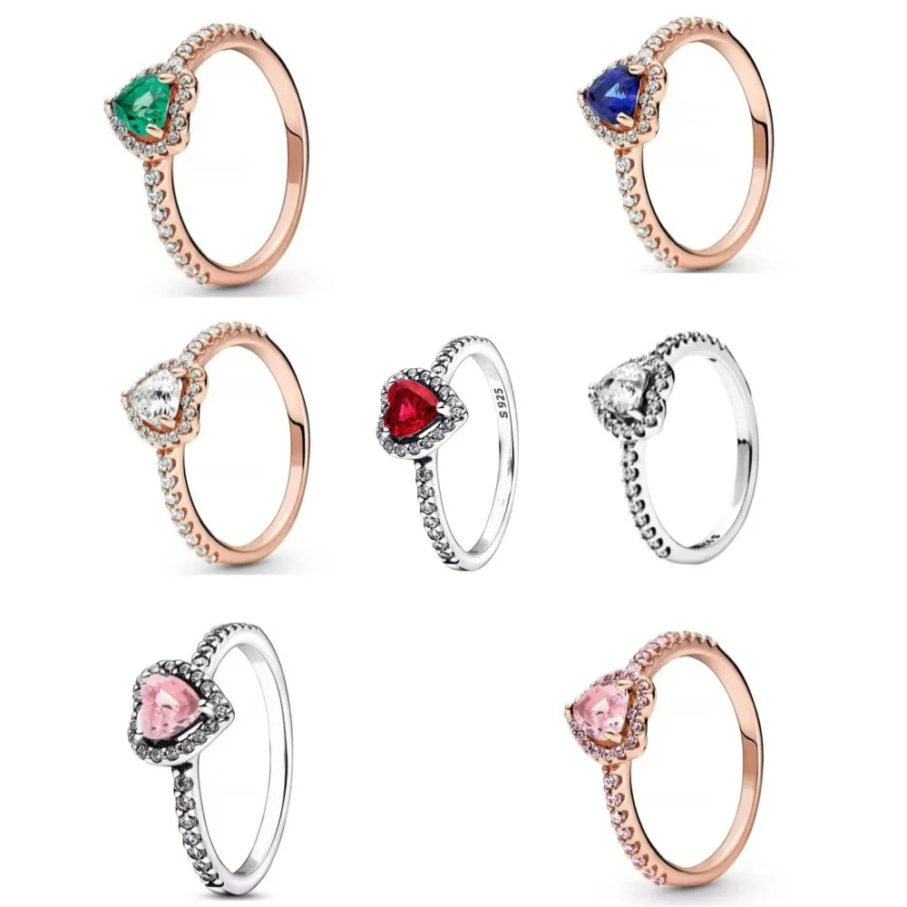 925 Silver Elevated Red Pink White Blue Green Heart Rose Gold Ring Rings Fro Women Zircon Design Original Sparking Zircon Rings  Amaijoin