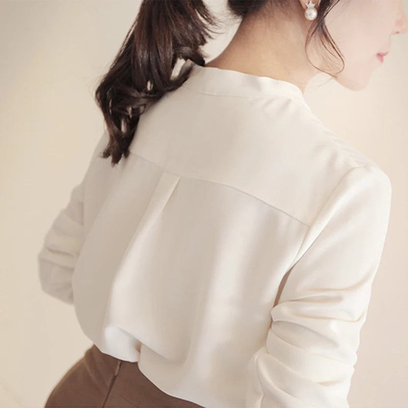 2023 Autumn Long Sleeve White Shirt Women Korean Style V-neck Loose Tops Summer Office Lady Solid Chiffon Blouse Female 9382  Amaijoin