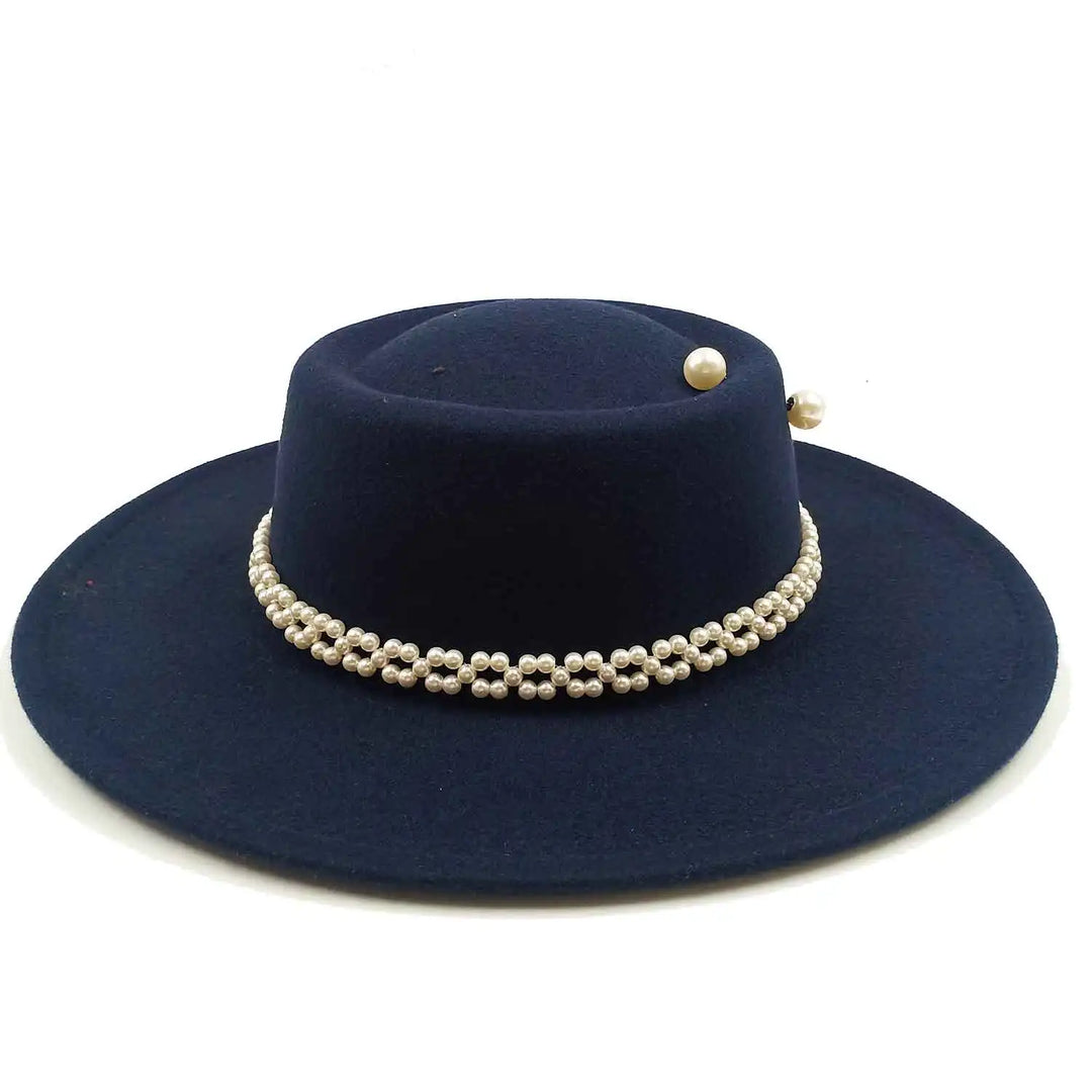 Women's Pearl Chain Fedora High Fashion with Pearl Pins Bump Cap Black White Autumen Winter Ladies Fedoras Wide Brim Girl Hat  Amaijoin