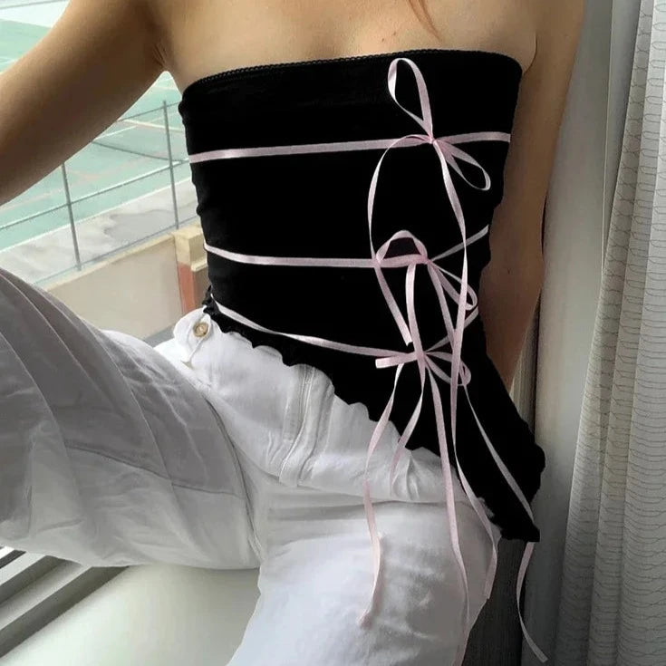 Fashion Asymmetrical Women Strapless Slim Crop Tops Bandage Bow Patchwork Tube Top Y2k Aesthetic Tees Ladies Summer Vest  Amaijoin