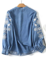 Carregue a imagem no visualizador da Galeria, Streetwear 2024 New Floral embroidery shirt for women Denim blouse High quality O-neck Long Puff sleeve tops Autumn INKEO 4T058  Amaijoin
