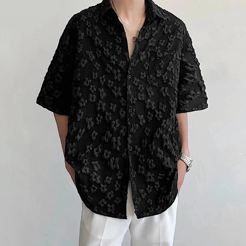 INCERUN Men Shirt Flower Jacquard Loose Korean Style Lapel Short Sleeve Men Clothing Streetwear 2024 Fashion Casual Shirts S-5XL  Amaijoin