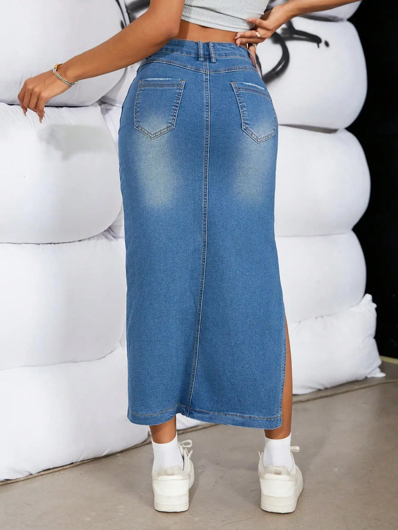 Y2K Fashion Women Sexy Vintage High Waist Split Thigh Denim Bodycon Skirt Classic Versatile Mid Length Jean Skirt Streetwear  Amaijoin