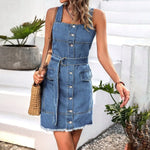 Carregue a imagem no visualizador da Galeria, Square Neck Sleeveless Frayed Hem Belted Denim Dress Women Button Front Tank Sundress Female Casual Mini Jeans Dresses  Amaijoin
