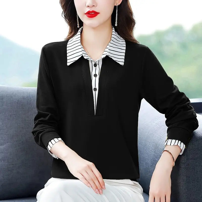 Spring Summer Tee Shirt Women's Clothing Long Sleeve Loose Turn-down Collar Striped Button Patchwork Elegant Fashion Casual Tops  Amaijoin