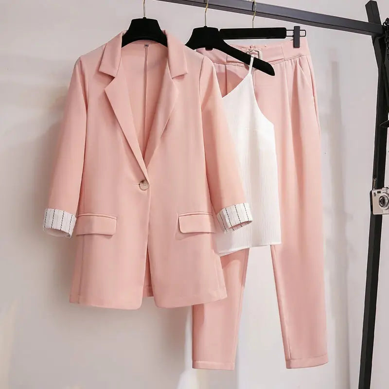 2023 spring new plus size Korean elegant women's suit female blazer leisure pants Tweed suit jacket three piece jacket pants set  Amaijoin