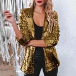 Carregue a imagem no visualizador da Galeria, Women Sequins Sequin Jacket Casual Long Sleeve Glitter Party Shiny Lapel Coat Vintage Lapel Sequins Jackets Club Party Wear  Amaijoin
