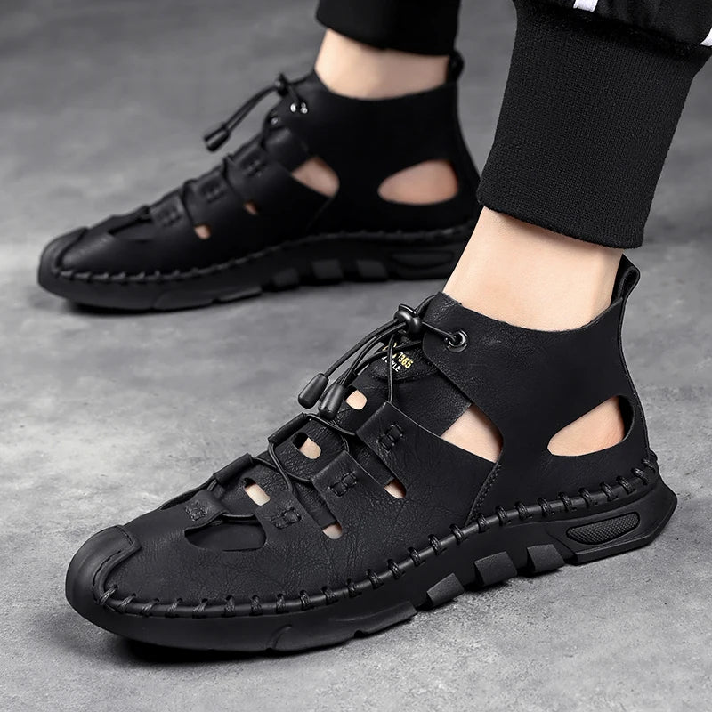 Summer White High-top Roman Sandals Men Gladiators Lace Up Buckle Leather Casual Shoes Breathable Beach Sandals Outdoor Slippers  Amaijoin