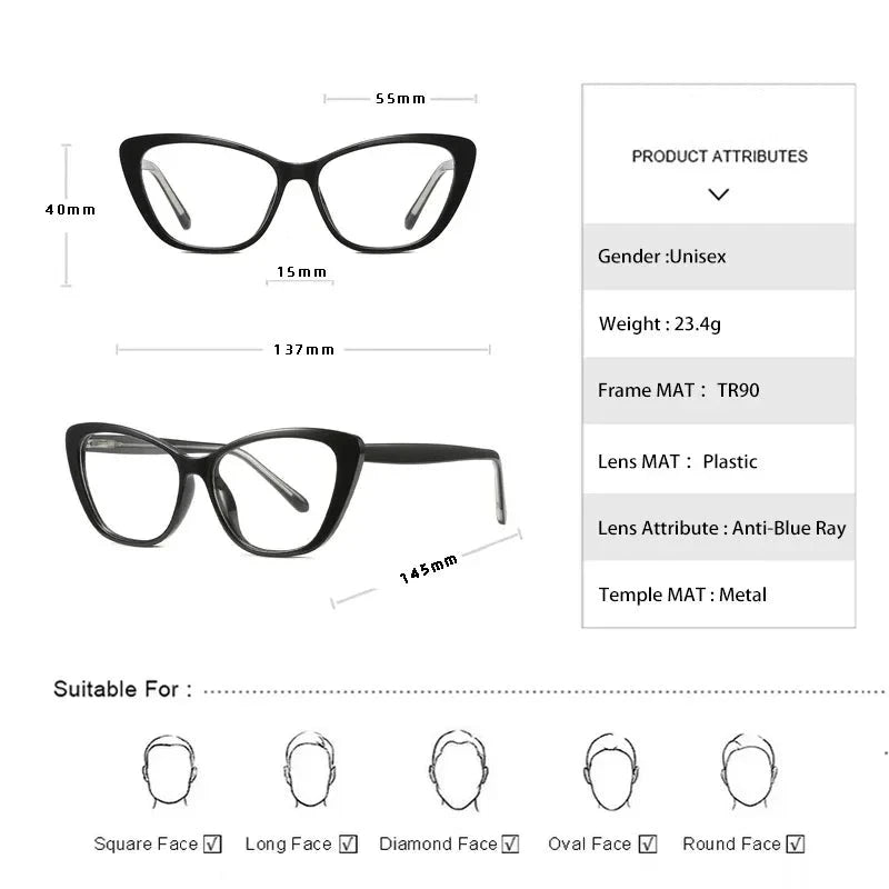 CLLOIO TR90 Cat Eye Reading Glasses For Women Anti Blue Light Computer Glasses Myopia Hyperopia Prescription Optical Eyeglasses  Amaijoin