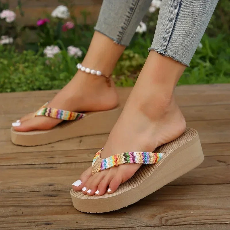 2024 Summer Women's Slippers Wedge Thick Sole Women's Shoes Outdoor Beach Slippers Fashion Flip Flop Bohemian Style Sandals  Amaijoin