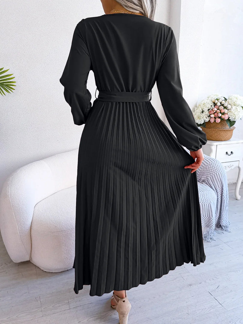 Women Elegant V Neck Long Sleeve Pleated Maxi Dress  Amaijoin