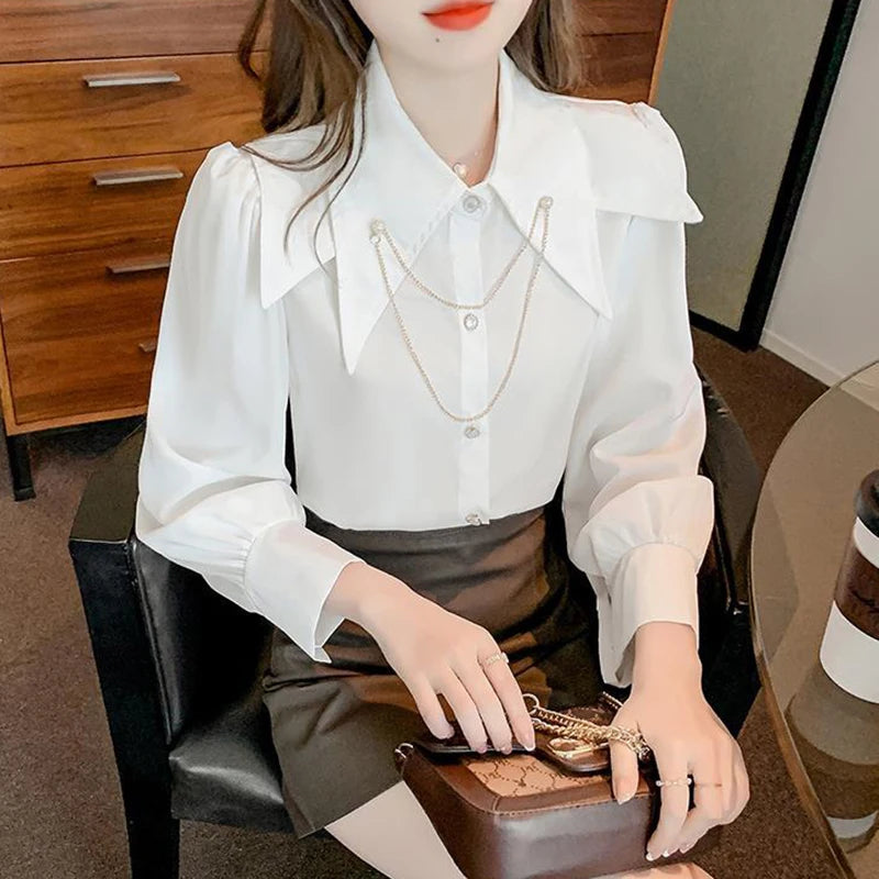 Doll Pointed Neck Turn Down Collar Bubble Long Sleeve Loose Top Chain Casual Shirt And Blouses OL Woman French Elegant 2024Trend  Amaijoin