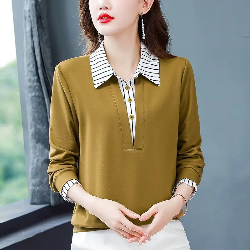 Spring Summer Tee Shirt Women's Clothing Long Sleeve Loose Turn-down Collar Striped Button Patchwork Elegant Fashion Casual Tops  Amaijoin