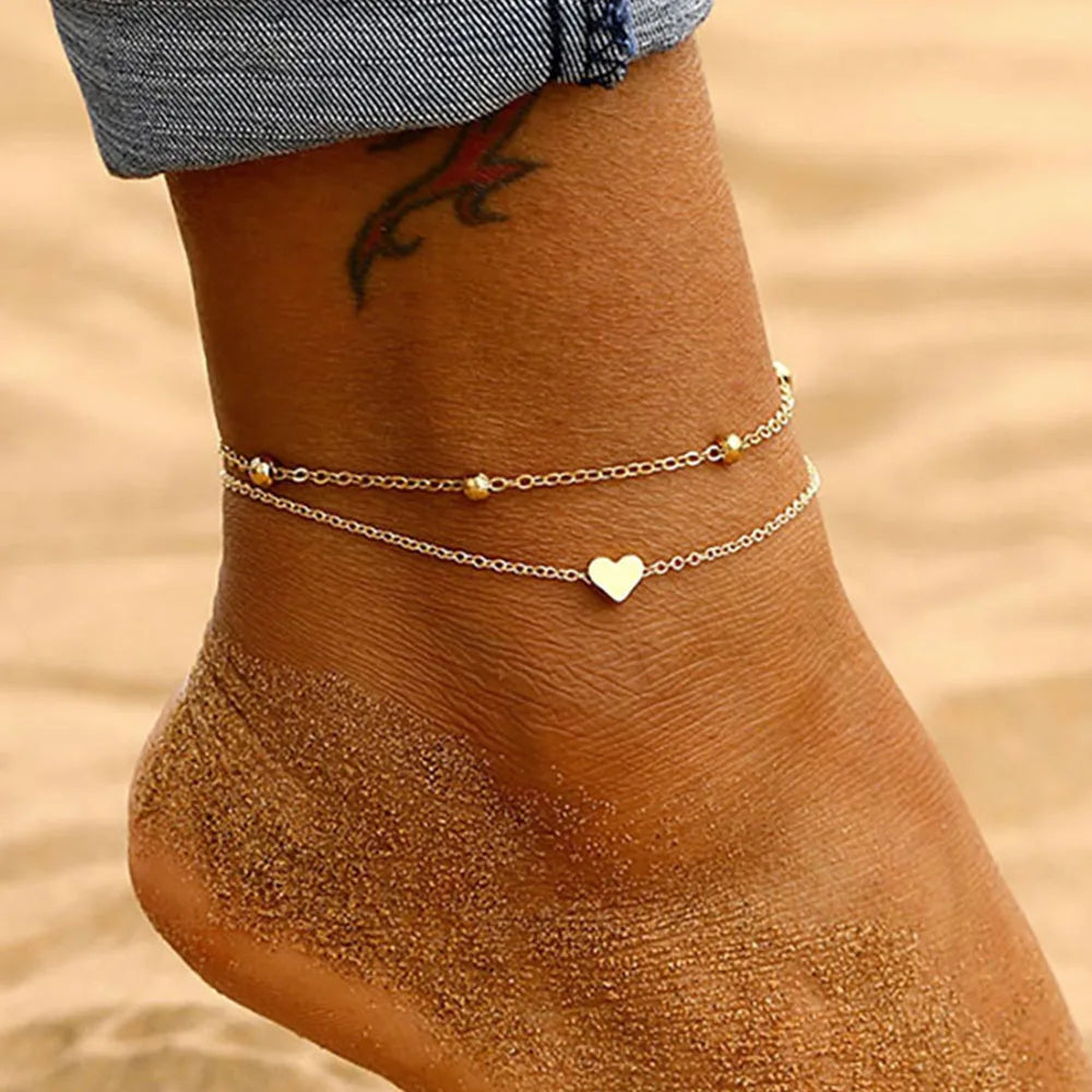 Two Layers Chain Heart Moon Sun Gold Silver Color Anklets For Women Bracelets Summer Barefoot Sandals Jewelry On Foot Leg  Amaijoin