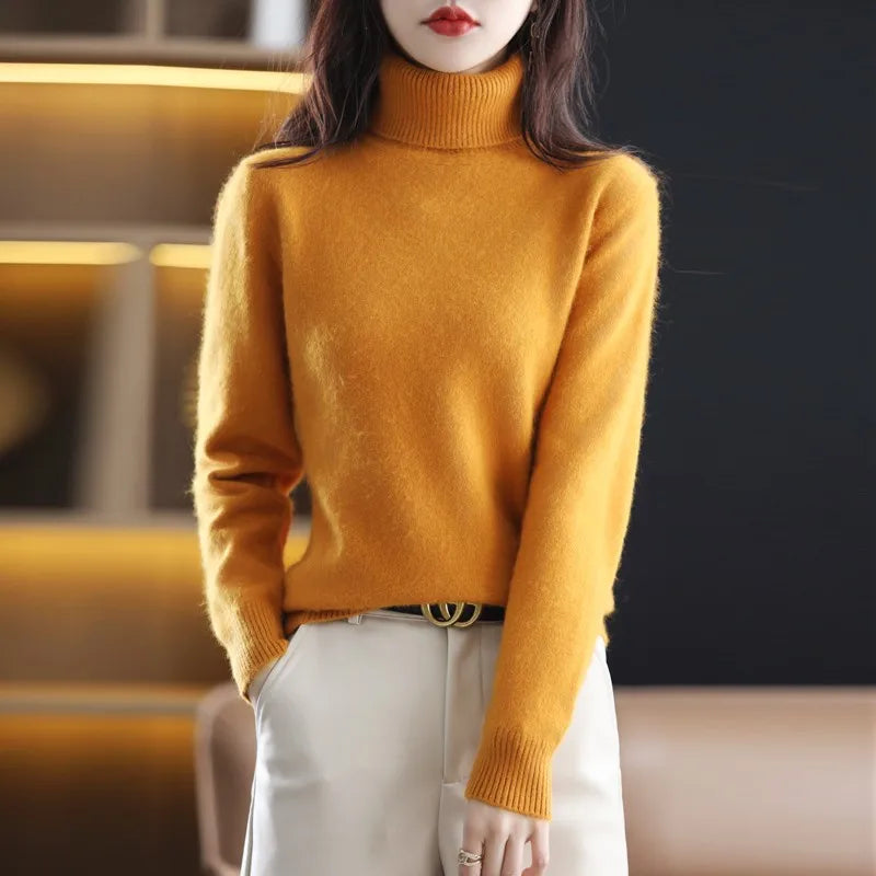 Autumn And Winter New 100% Mink Cashmere Sweater 2023 Women's High Neck Knitted Pullover Loose Korean Fashion Warm Women's Top  Amaijoin