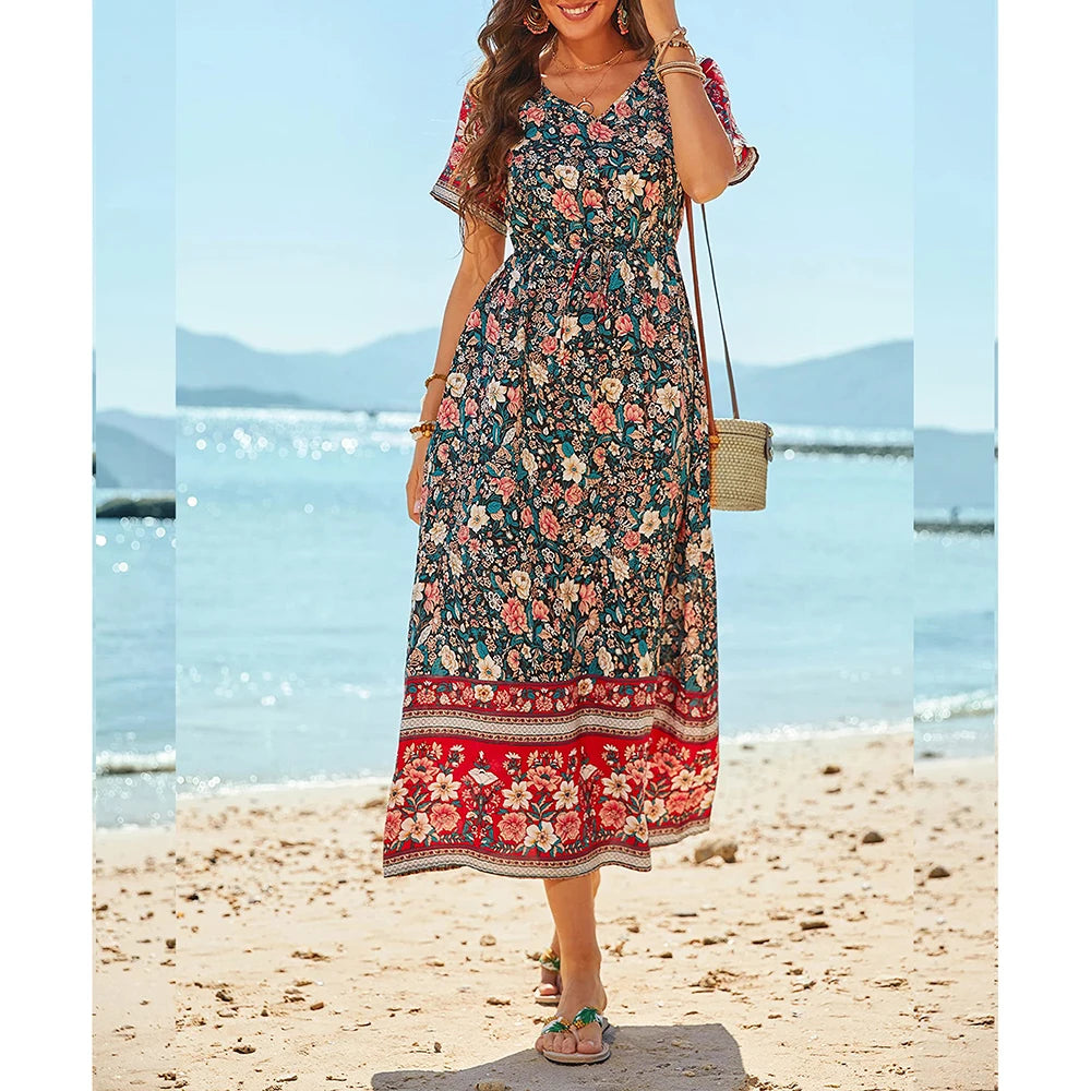 Bohemian V-Neck Floral Print Dresses Women Summer Casual Short Sleeve Midi Dress Beach Boho Elegant Fashion Long Skirts Female  Amaijoin