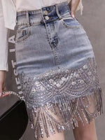 Load image into Gallery viewer, 2023 Woman Sleek Sexy Flap Pockets Sequin Fringed Mesh Hem Skinny Denim Skirt  Amaijoin
