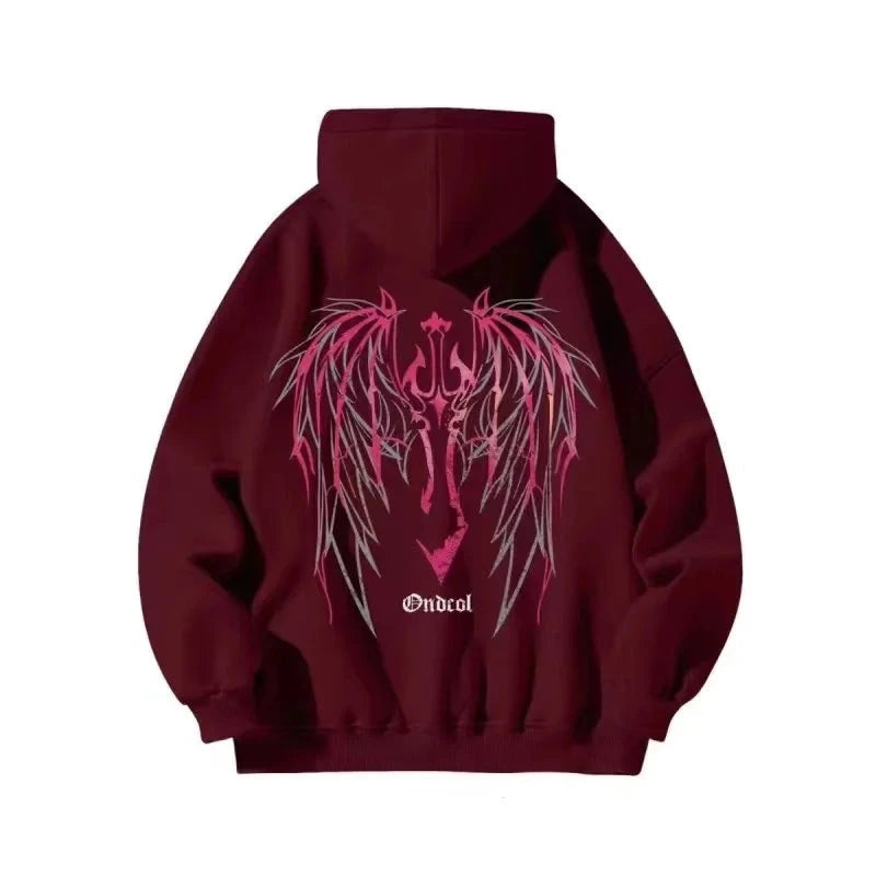 2023 Explosions Sweater American Fashion Brand Y2k red Light Magic Sword Devil Wings Niche Loose Hooded Coat Men And Women Tide  Amaijoin