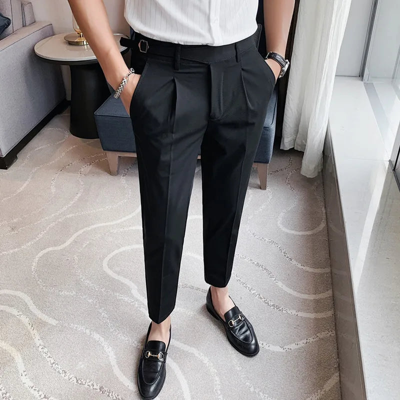 High-quality Belt Design Slim Fit Suit Pants Men Slim Fit Casual Trousers Solid Color Business Dress Pants Wedding Party Costume  Amaijoin